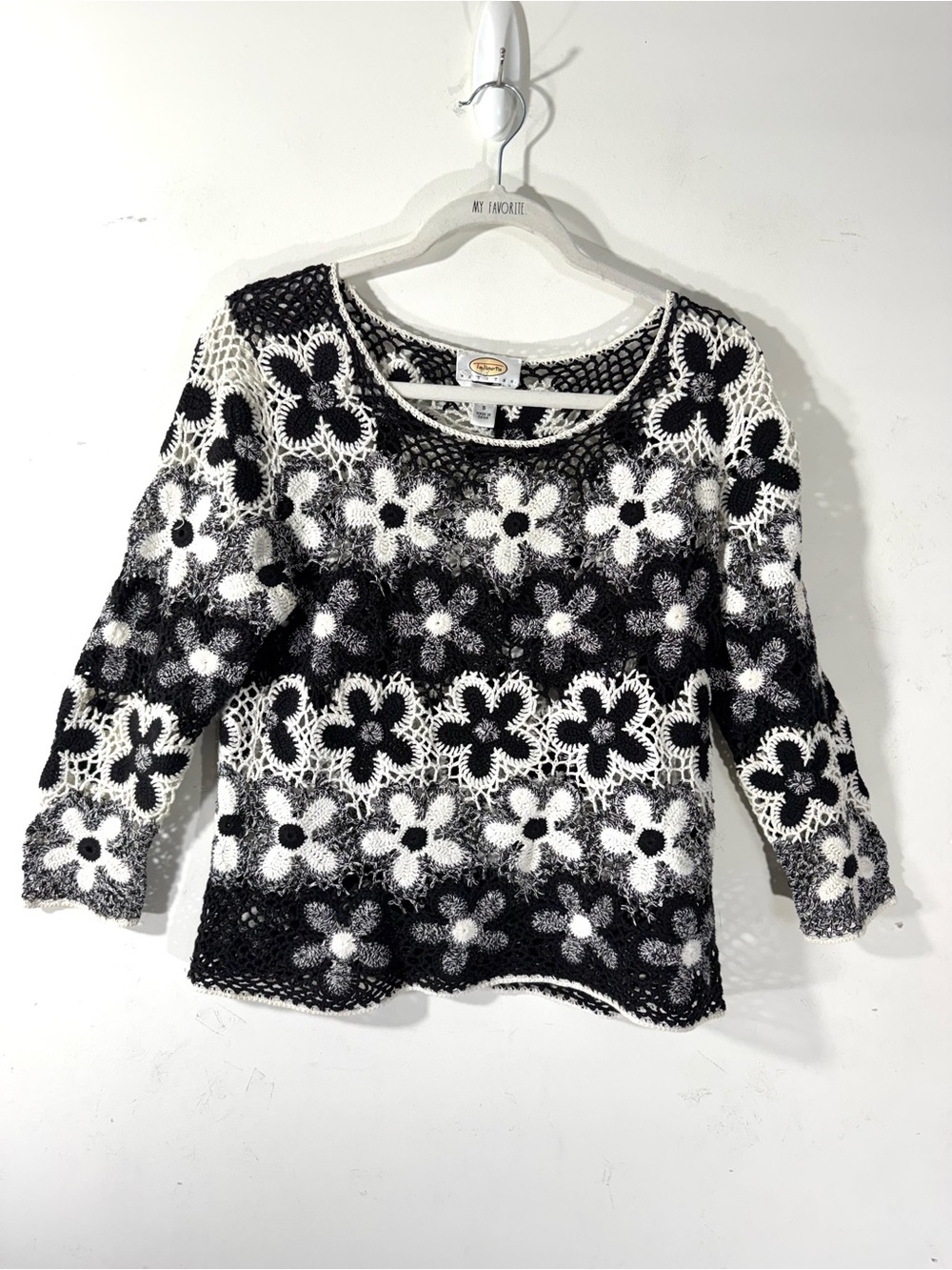 Talbots Hand Knit Linen Cotton Floral Sweater Black White Small Petite
